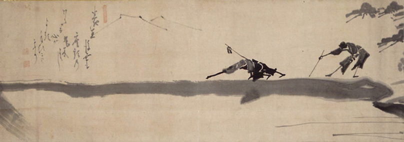 Hakuin's ink painting of two blind figures, with canes, crossing a log bridge across a ravine