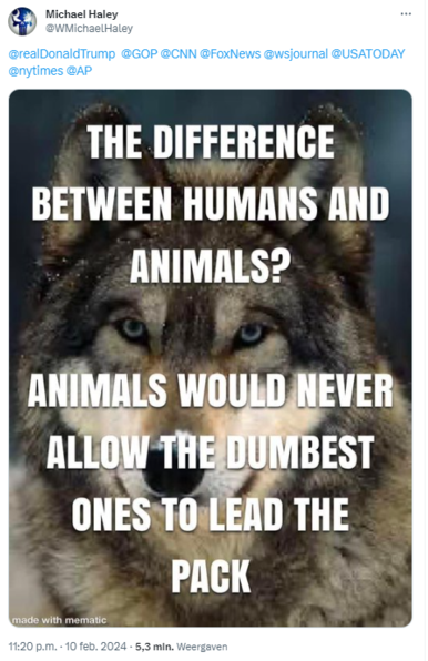 Michael Haley posting a meme: "The difference between humans and animals? Animals would never allow the dumbest ones to lead the pack" (wolf in background)