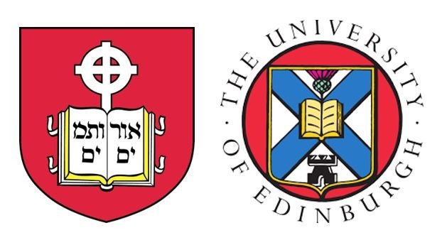 Two shield logos side by side. To the left is the red shield for Yale Divinity School showcasing a cross and a book with Hebrew text. To the right is a red circle with blue and white cross shield with a book. The lettering reads "The University of Edinburgh".