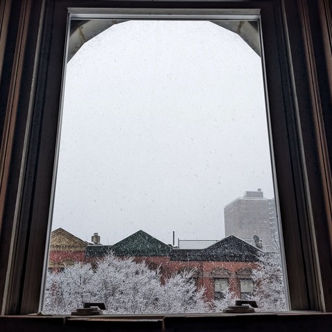 Looking through an arched window an hour after sunrise it is snowing heavily and the sky is completely white. Pointed roofs of Harlem brownstones with red brickwork are across the street, and a taller apartment building can be seen in the distance. Prominent snowflakes are falling. 