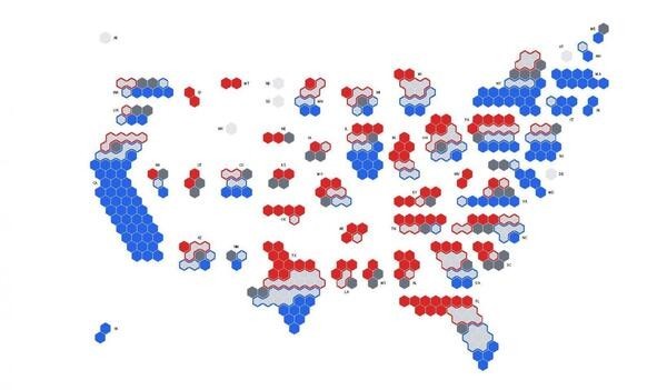 A schematic map of the United States showing hexagons representing voting districts by blue, red, gray, light blue, and light red.