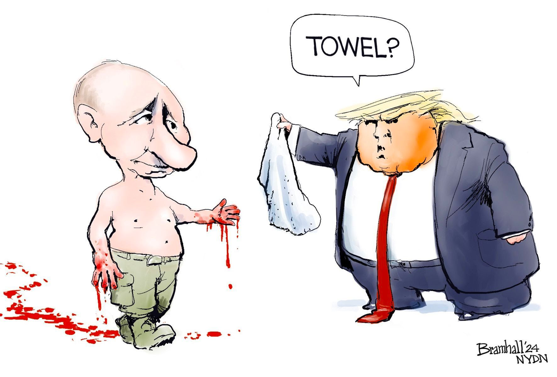 Trump, holding out a towel for Putin's blood stained hands, saying 'Towel?'