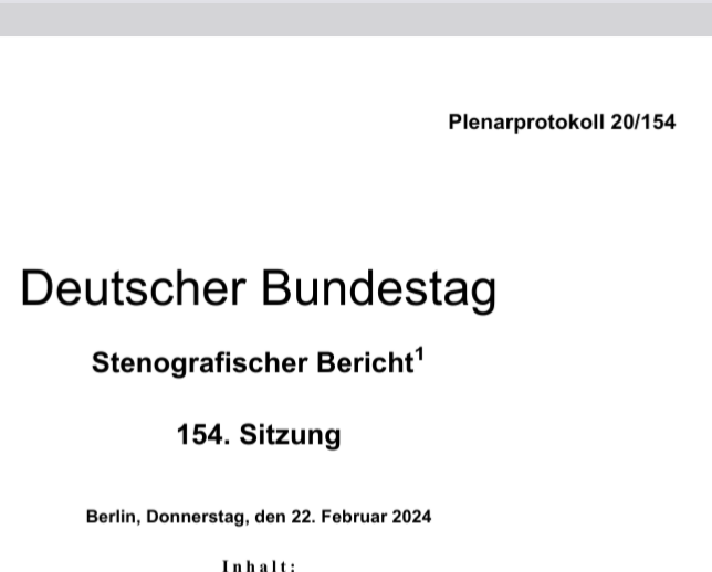 Deckblatt<br>"Plenarprotokoll 20/154<br>Deutscher Bundestag<br>Stenografischer Bericht<br>154. Sitzung<br>Berlin, Donnerstag, den 22. Februar 2024"