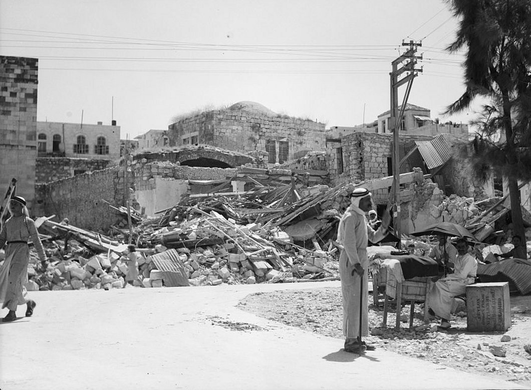 Photographic view of the rubble in Jenin after a quarter of the town was dynamited by British forces in 1938, as a retaliatory attack after a British official was assassinated