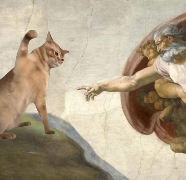 A cat is about to swat the hand of God.