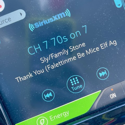 A quick pic of the SiriusXM 70s on 7 display for Sly & The Family Stone’s Thank You (For Letting Me Be Myself Again)—it’s spelled Thank You (Falettinme Be Mice Elf Again)