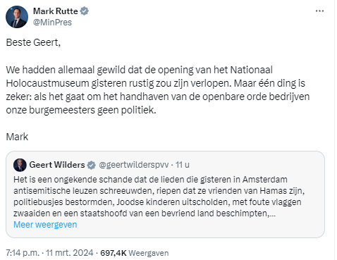 Geert Wilders
@geertwilderspvv
Het is een ongekende schande dat de lieden die gisteren in Amsterdam antisemitische leuzen schreeuwden, riepen dat ze vrienden van Hamas zijn, politiebusjes bestormden, Joodse kinderen uitscholden, met foute vlaggen zwaaiden en een staatshoofd van een bevriend land beschimpten, zo dicht bij de openingceremonie van het Holocaustmuseum konden komen. Het riekt naar een politieke actie van de extreem linkse burgemeester van Amsterdam. Onverantwoord.

Reactie Mark Rutt…