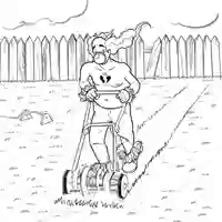 Animated gif with a black and white drawn image of a man mowing his lawn with an old fashioned rotary push mower. 