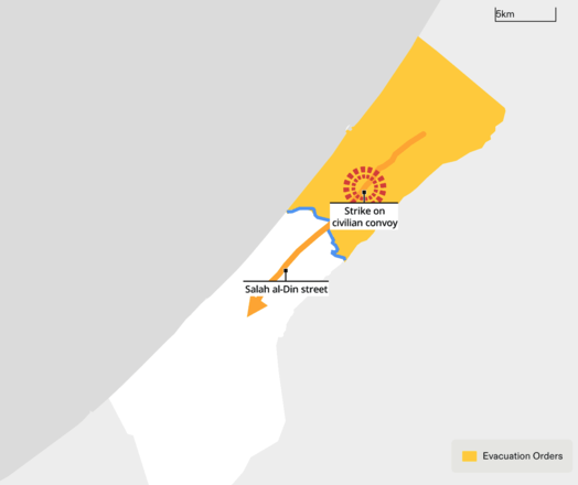A map shows Gaza borders and the place of a Convoy strike on Salah al-Din Street

(c) Forensic Architecture, 2024