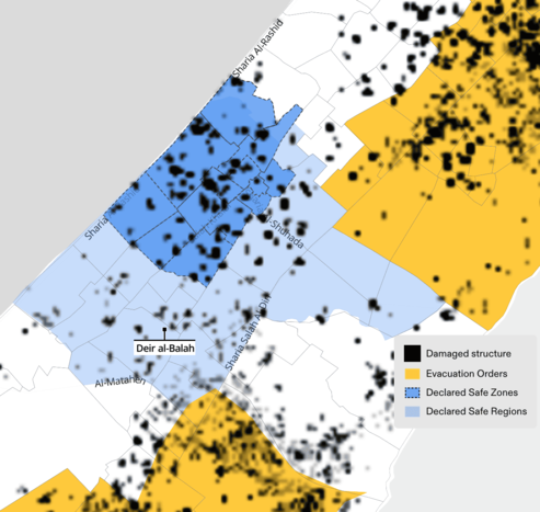 Figure 22. Damage to structures (black) in the Deir al-Balah municipality (light and dark blue) as of 7 January 2024 based on data published by UNOSAT. The darker blue region indicates numbered blocks that the Israeli military explicitly announced as ‘safe’ in a flyer distributed on 8 January 2024. (Forensic Architecture, 2024)