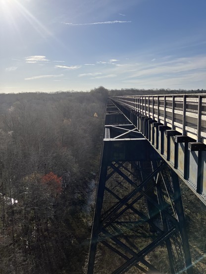 An elevated railroad trestle bridge extends out over a wooded area, the morning sun shining brightly in clear blue skies with faint wispy clouds. 