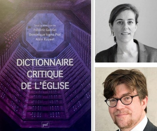 A photo montage. On the left, a purple book cover with the title "Dictionnaire Critique de L'Eglise". On the right a black and white picture of a woman over a color photo of a man with glasses.