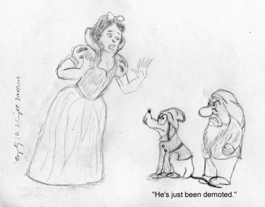 Cartoon I drew after Pluto was declared a dwarf planet, showing Disney's Pluto dressed as a Snow White dwarf, and a dwarf telling Snow White, "He's just been demoted."