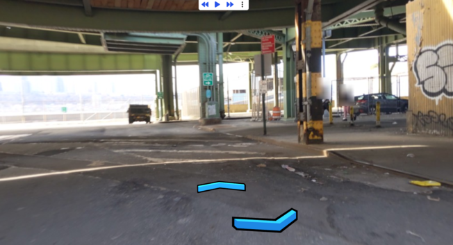 Screen grab in Panaramax showing a path under the West Side Highway at about 134th Street with the Hudson River in the distance and some controls at top to go back forward auto play and do more.  At the bottom there are controls to advance one photo forward or reverse.