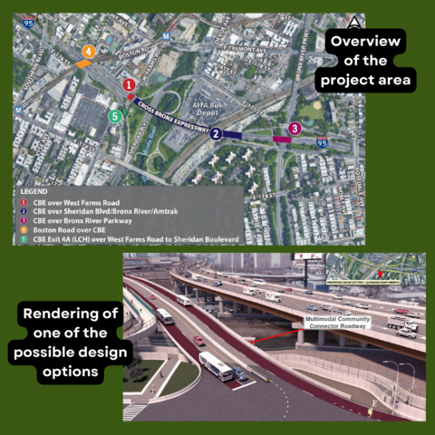 An Overview of the project area
and a 
Rendering of one of the possible designs.
