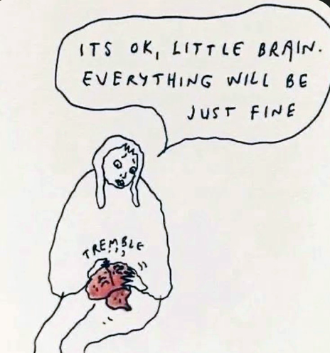 Primitive style black & white cartoon that shows a woman sitting, holding her trembling pink brain in her lap, telling it IT'S OK, LITTLE BRAIN. EVERYTHING WILL BE JUST FINE