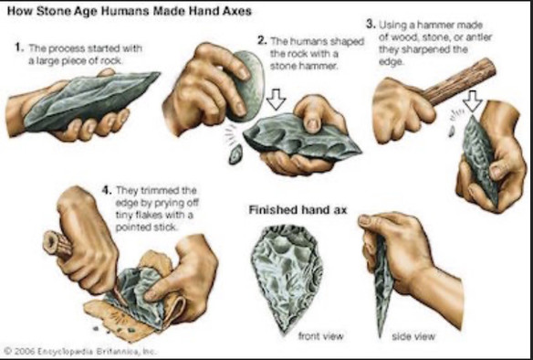 How stone-age humans made hand axes.
Image showing steps for napping a rock to make a stone cutting tool, a hand axe. Pictures show different steps. 
1. The process started with a large piece of rock.
2. The humans shaped the rock with stone hammer.
3. Using a hammer made of wood, stone or antler, they sharpened the edge.
4. They trimmed the edge by prying off tiny flakes with a pointed stick.
5. Finished hand axe, front view, side view.