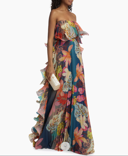 Screenshot of photo from Saks featuring a bold multicolor pleated Badgley Mischka strapless evening gown--it's ruffly & flowy & strapless with an empire waist & has curly horsehair hems & is absolutely gorgeous in a slightly retro 70s way.