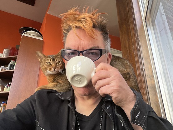 Middle aged white man with messy dyed orange hair and glasses is siping from a diner coffee cup and looking at camera. A ruddy Abyssinian cat is sitting on his shoulders behind his head, looking at the cup. It's a low-angle shot with orange walls behind them, next to a window.