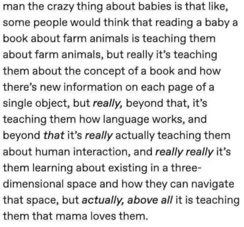 text: man the crazy thing about babies is that like, some people would think that reading to a baby a book about farm animals is teaching them about farm animals, but really it's teaching them about the concept of a book and how there's new information on each page of a single object, but really, beyond that, it's teaching them how language works, and beyond that it's really actually teaching them about human interaction, and really really it's them learning about existing in a three-dimensiona…