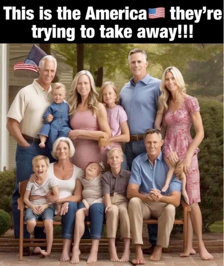 AI image. Large, apparently inbred white family portrait. A bunch of blonde, white-skinned people that all look preternaturally alike. There are too many arms and legs poking out of various bodies, hands and feet look weird. At least two small children appear to be merging with or emerging from an adult. 
Caption: This is the America 🇺🇸 they’re trying to take away!!!