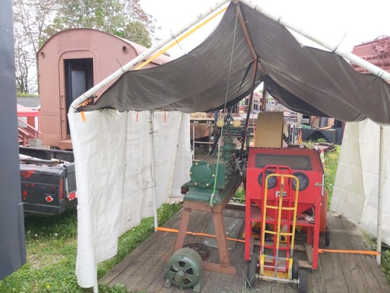 Some interesting (to me) train paraphernalia inside a tent.