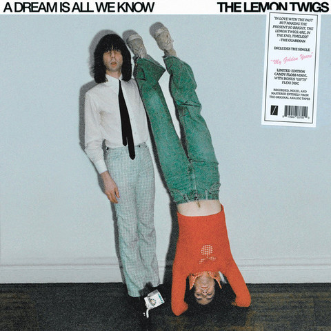 The two members of the Lemon Twigs pose, one standing on his feet, the other on his head, on the cover of A Dream is All We Know.