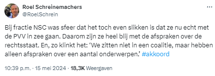
Roel Schreinemachers (op TwiX)
@RoelSchrein
Bij fractie NSC was sfeer dat het toch even slikken is dat ze nu echt met de PVV in zee gaan. Daarom zijn ze heel blij met de afspraken over de rechtsstaat. En, zo klinkt het: ‘We zitten niet in een coalitie, maar hebben alleen afspraken over een aantal onderwerpen.’ #akkoord
10:39 p.m. · 15 mei 2024
·
18,3K
 Weergaven