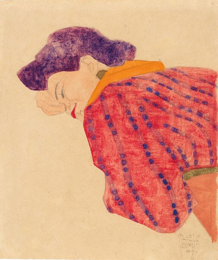 It is a watercolor painting showcasing a woman in a red blouse lying down with her face sideways.  It showcases an avant-garde composition characteristic of Schiele's early works, where the figure appears to be suspended in space, gently floating against the backdrop of the blank paper, mirroring a state of rest in a void. The face of the model lacks the raw, vivid materiality marked by the signature marbling of green, blue, and red that Schiele would often employ to depict human bodies. Furthe…