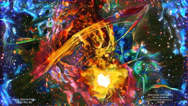 Large arcs of yellow and orange filaments curve over the bright blob of emissions from the black hole in the centre of the galaxy. Surrounding it are ghostly fractal nebulae and filaments in blues, green and black with a smattering of coloured jewel- like stars.