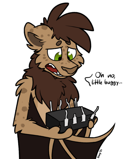 Toony drawing of Neop the bat holding a DIP-style microchip with 8 bent and broken legs