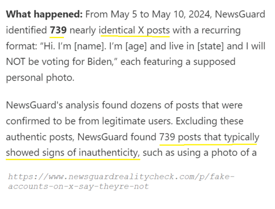 What happened: From May 5 to May 10, 2024, NewsGuard identified 739 nearly identical X posts with a recurring format: ”Hﬁm [name]. I'm [age] and live in [state] and | will NOT be voting for Biden,” each featuring a supposed personal photo.

NewsGuard's analysis found dozens of posts that were confirmed to be from legitimate users. Excluding these authentic posts, NewsGuard found 739 posts that typically showed signs of inauthenticity, such as using a photo of a https://www.newsguardrealitycheck.com/p/fake- accounts-on-x-say-theyre-not 