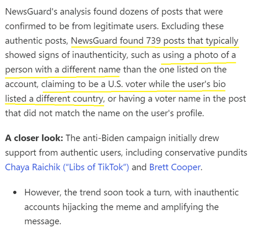 NewsGuard's analysis found dozens of posts that were confirmed to be from legitimate users. Excluding these authentic posts, NewsGuard found 739 posts that typically showed signs of inauthenticity, such as using a photo of a person with a different name than the one listed on the account, claiming to be a U.S. voter while the user's bio listed a different country, or having a voter name in the post that did not match the name on the user's profile. A closer look: The anti-Biden campaign initially drew support from authentic users, including conservative pundits Chaya Raichik (“Libs of TikTok") and Brett Cooper. e However, the trend soon took a turn, with inauthentic accounts hijacking the meme and amplifying the message. 