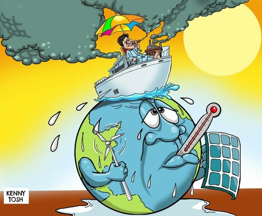 Cartoon: Planet Earth is sick and suffering from climate change. Meanwhile, the rich are getting richer and polluting the planet.