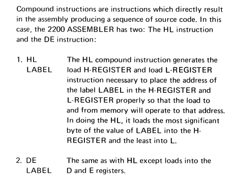 From the Datapoint 'Programmers Manual' describing the HL and DE 'Compound instructions'
