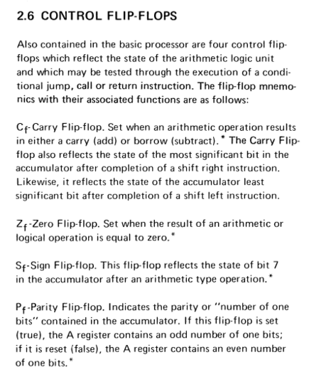Section 2.6 of the Datapoint Programmers Manual describing the 'Control Flip-Flops'. There are four: carry, zero, sign and parity. Each is reference by a capital letter (C, Z, S or P) with and a subscripted lower case f.