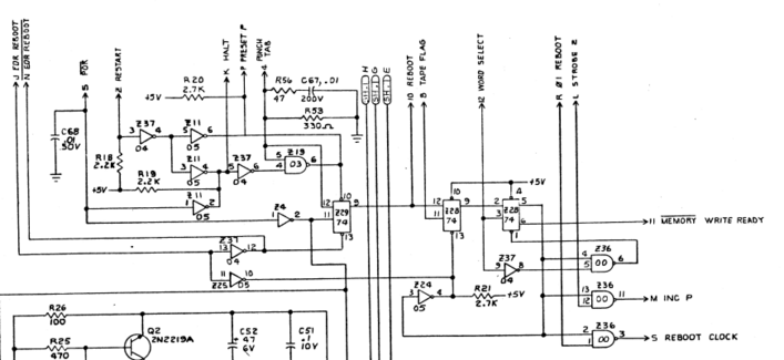 A close up of the power on reset and reboot circuit which drives the /MEMORY_WRITE_READY pin and others associated with bootloading.