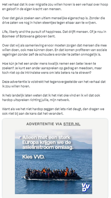 Mensen wagen hun leven in de hoop op een beter leven. Zijn daarbij kwetsbaar voor smokkelaars die een slaatje slaan uit hun bereidheid om alles te doen om dat betere leven te bereiken.

Wat zouden wij doen als onze wieg ergens anders had gestaan?

Het verhaal dat ik over migratie zou willen horen is een verhaal over hoop en geloof in de eigen kracht van mensen.

Over dat geluk zoeken een ultiem menselijke eigenschap is. Zonder die drive zaten we nog in holen steentjes tegen elkaar aan te wrijve…