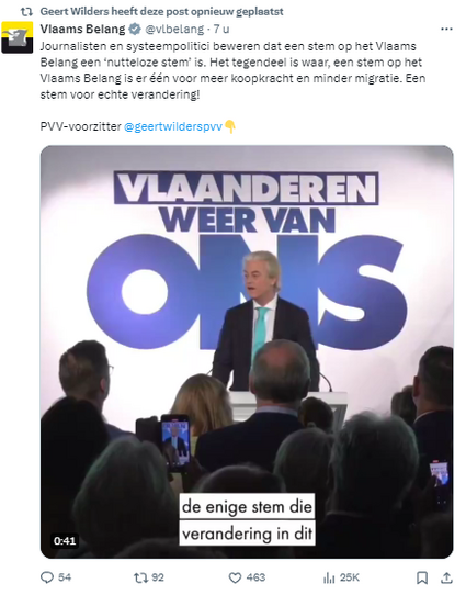 Foto van Geert Wilders die een toespraak houdt op een bijeenkomst van het Vlaams Belang.

Onderdeel van een tweet op twiX:

Geert Wilders heeft deze post opnieuw geplaatst
Vlaams Belang
@vlbelang
·
7 u
Journalisten en systeempolitici beweren dat een stem op het Vlaams Belang een ‘nutteloze stem’ is. Het tegendeel is waar, een stem op het Vlaams Belang is er één voor meer koopkracht en minder migratie. Een stem voor echte verandering!

PVV-voorzitter 
@geertwilderspvv
👇