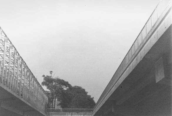 A black and white image of two bridges stretching into the far