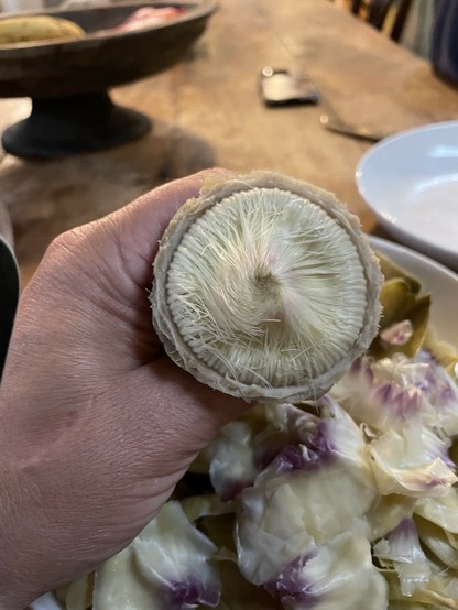 Artichoke leaves gone, the swirl of fine hairs that protect the heat. Close up from above. Background blurred.