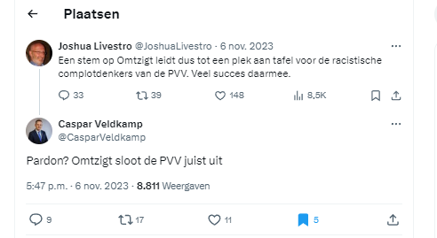 Joshua Livestro 6 nov 2023 op TwiX:
Een stem op Omtzigt leidt dus tot een plek aan tafel voor de racistische complotdenkers van de PVV. Veel succes daarmee.

Caspar Veldkamp, reply:
Pardon? Omtzigt sloot de PVV juist uit.