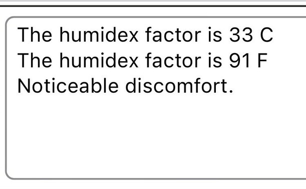 Text displaying the humidex factor as 33°C (91°F) with a note of noticeable discomfort.