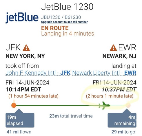 A graphic showing the flight delay of JetBlue 1230 — likely from earlier weather that has now cleared the area. 