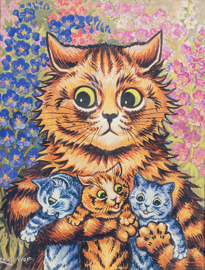 Louis Wain Art. Fluffy cat holding three kittens in its paws.