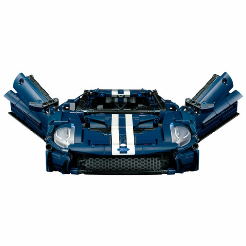 A front view of a built Ford GT 2022 LEGO set with both of it's doors open