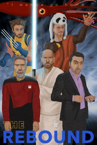 A movie poster-style image featuring a hand-painted illustration: John stands on the left wearing a Star Trek uniform adorned with a Humane A.I. pin instead of the communicator badge. In the middle stands Dan, dressed in a simple linen robe, wielding a lightsaber that vaguely resembles a microphone. An AirPods case hangs upside down from his waist with three braided lightning cables plugged into it. On the right stands Lex in a suit with a flower-patterned shirt peeking out. A subtle line on his suit pocket flap reads 'custom, or bust ’em!'. He wears an Apple Watch. Behind them in the upper left, Guy wears a Wolverine comic book costume, with two first-gen Apple Pencils joined end-to-end via the charging dongle instead of adamantium claws. In the upper right, James wears a robe with a 'bee-tah'/honeycomb pattern, with half a banana peeking out. He holds up one hand, surrounded by a D4, D6, D8, D12, D20 dice, and a Nail & Gear coin floating around. James wears a panda headdress. Looming behind them all is a giant squid. The title reads 'The Rebound', with the tagline 'I wanna go home.'