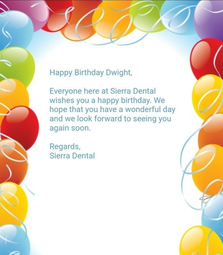 Happy Birthday email from a dental clinic. It has balloons, so you know how much they care.