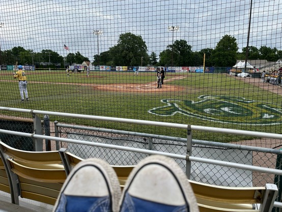 Shot of a baseball field through the net. A Lucky Horseshoe logo is sprayed on the green grass. The tops of my blue converse are peeking up from the bottom of the frame