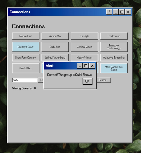an auto-generated "connections"-style game in the windows 98 style that is themed "quibi shows"
